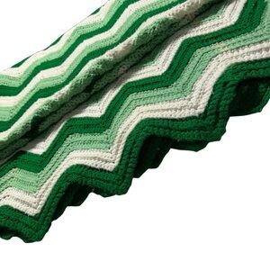 Handmade Crochet Afghan Throw Blanket - Green / White Zig Zag - 60” x 92” (Full)